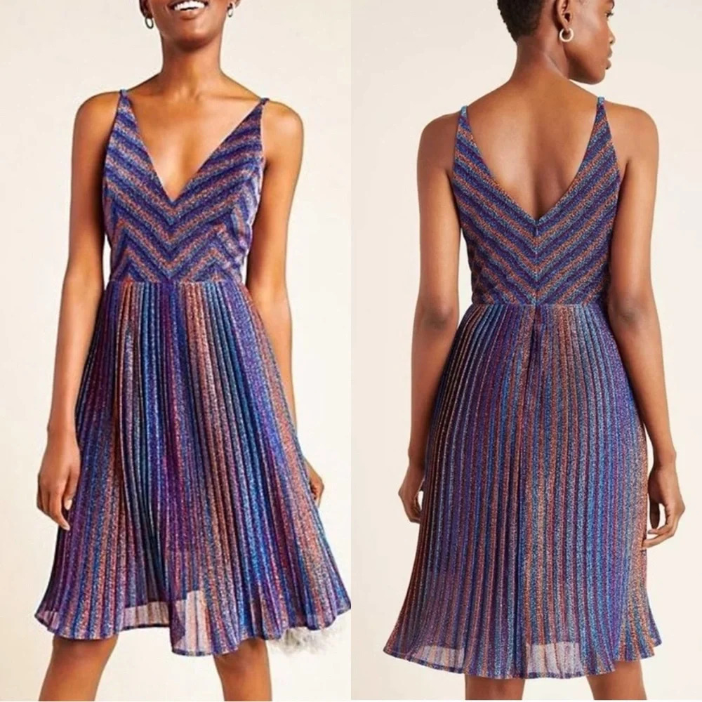 DRESS THE POPULATION Haley Metallic Chevron Colorful Rainbow Striped Midi Dress